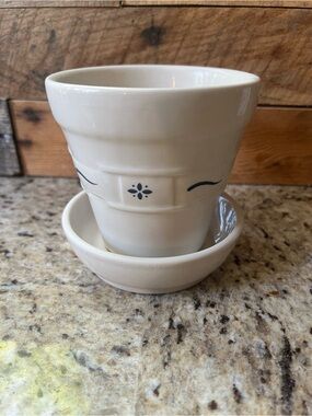 Longaberger Woven Traditions Blue Cream Ceramic 4” Flower Pot with Saucer